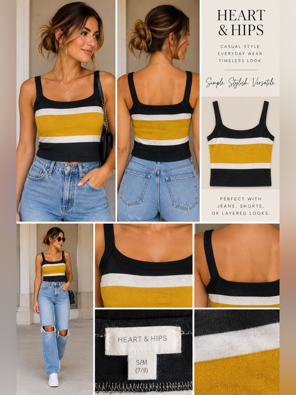 Women’s Colorblock Cropped Tank Top - Black, White & Mustard